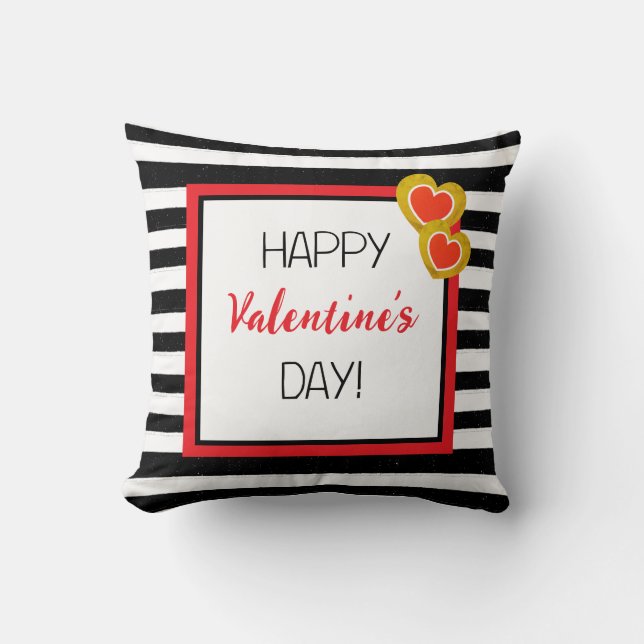 Happy Valentine's Day Hearts Black Stripes Gift  Cushion (Front)