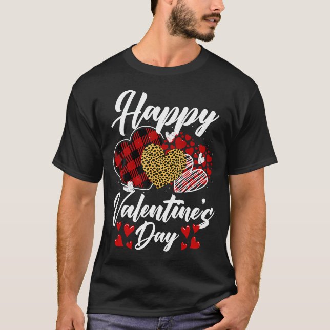 Happy Valentine'S Day Hearts With Leopard Plaid Va T-Shirt (Front)