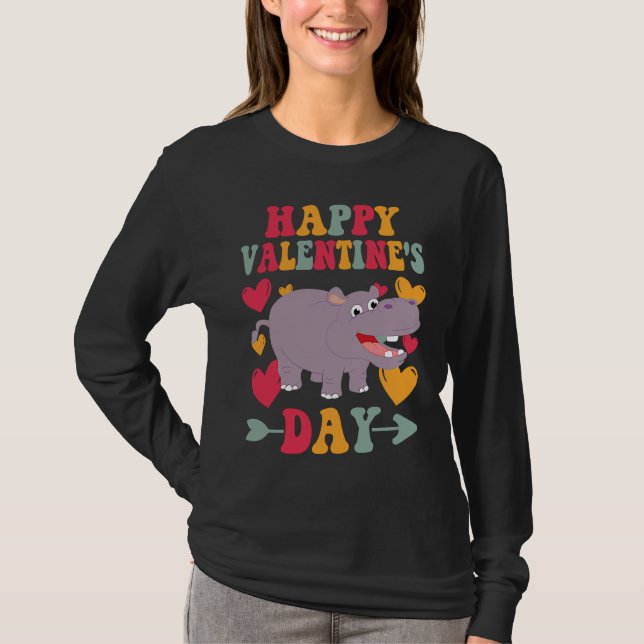 Happy Valentines Day Hippo Heart Love Groovy T-Shirt (Front)