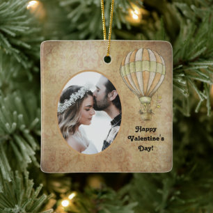 Happy Valentine's Day Hot Air Balloon Steampunk Ceramic Ornament