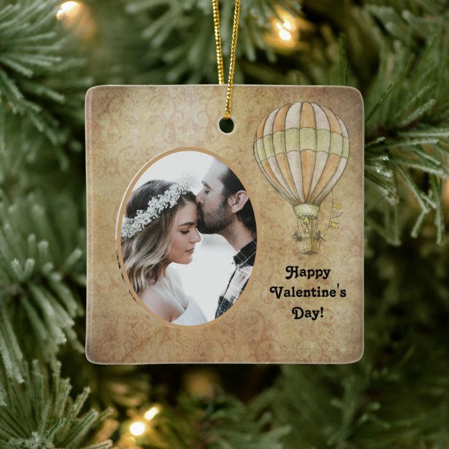 Happy Valentine's Day Hot Air Balloon Steampunk Ceramic Ornament (Tree)