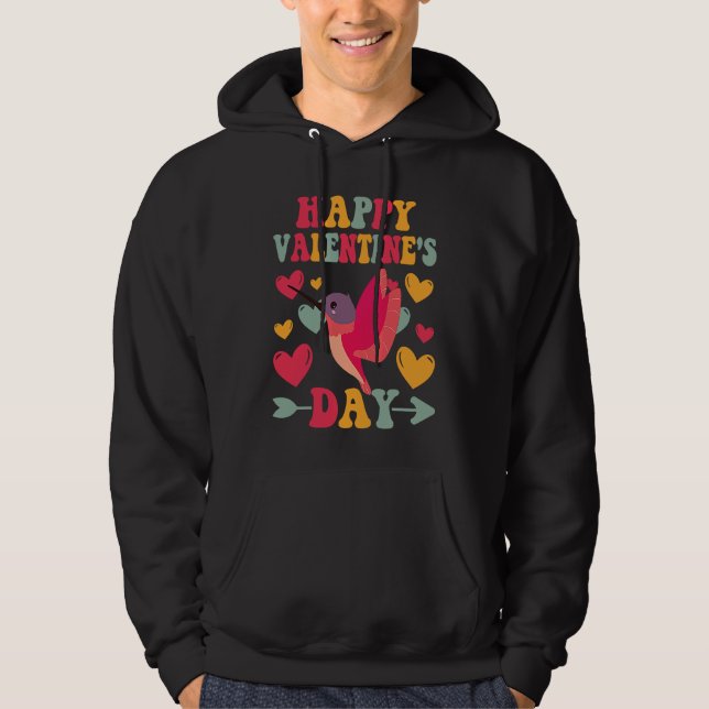 Happy Valentines Day Hummingbird Heart Love Groovy Hoodie (Front)