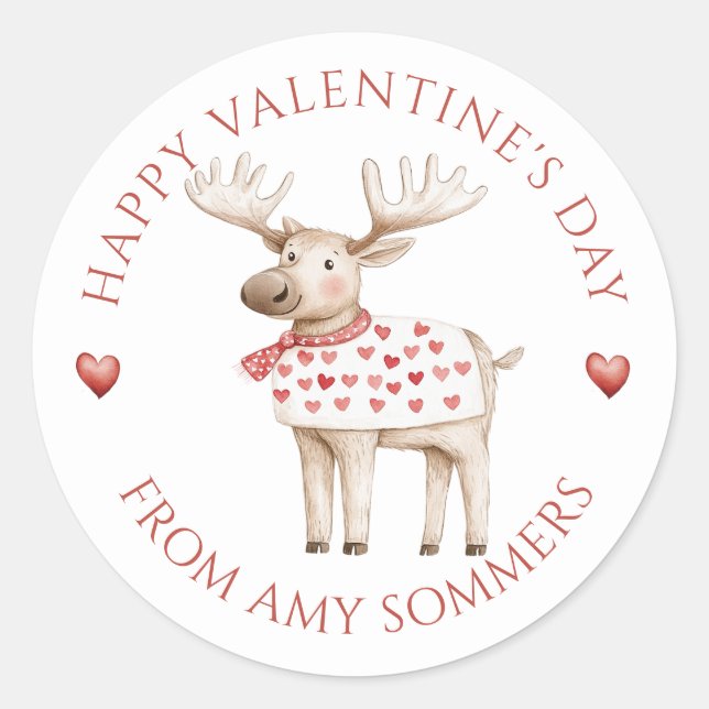 Happy Valentine's Day Kid's Watercolor Moose Classic Round Sticker (Front)