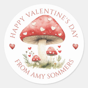 Happy Valentine's Day Kid's Watercolor Mushrooms Classic Round Sticker