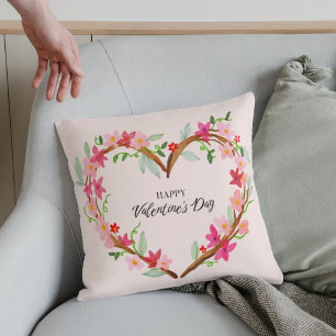 Happy Valentine's Day l Watercolor Pink Floral  Cushion