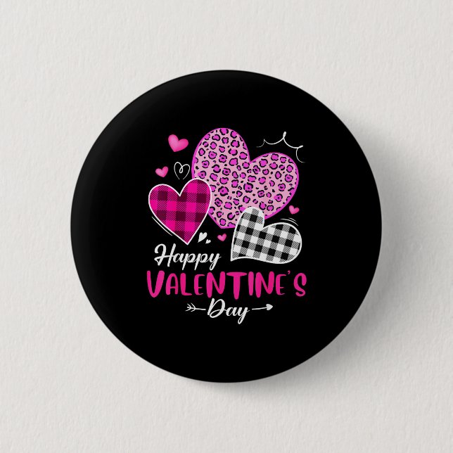 Happy Valentine's Day Leopard And Plaid Hearts Gir 6 Cm Round Badge (Front)