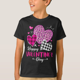 Happy Valentine's Day Leopard And Plaid Hearts Gir T-Shirt