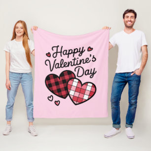 Happy Valentines Day Leopard Plaid Love Heart  Fleece Blanket
