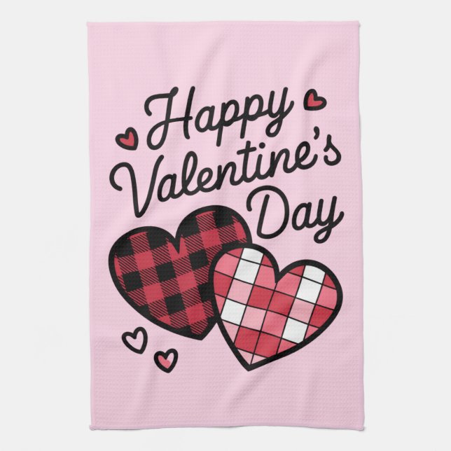 Happy Valentines Day Leopard Plaid Love Heart  Tea Towel (Vertical)