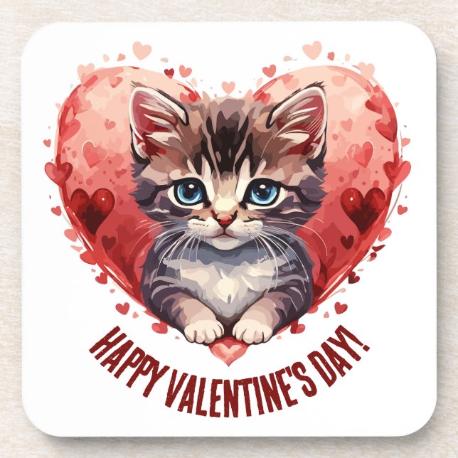 Happy Valentine's Day Little Kitten with Heart Coaster (Front)