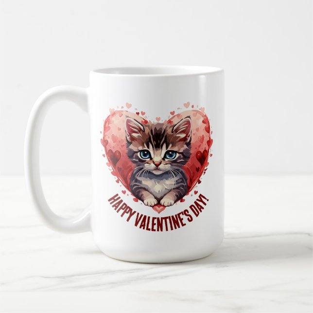 Happy Valentine's Day Little Kitten with Heart Coffee Mug (Left)