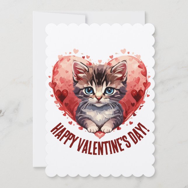 Happy Valentine's Day Little Kitten with Heart Holiday Card (Front)