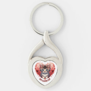 Happy Valentine's Day Little Kitten with Heart Key Ring
