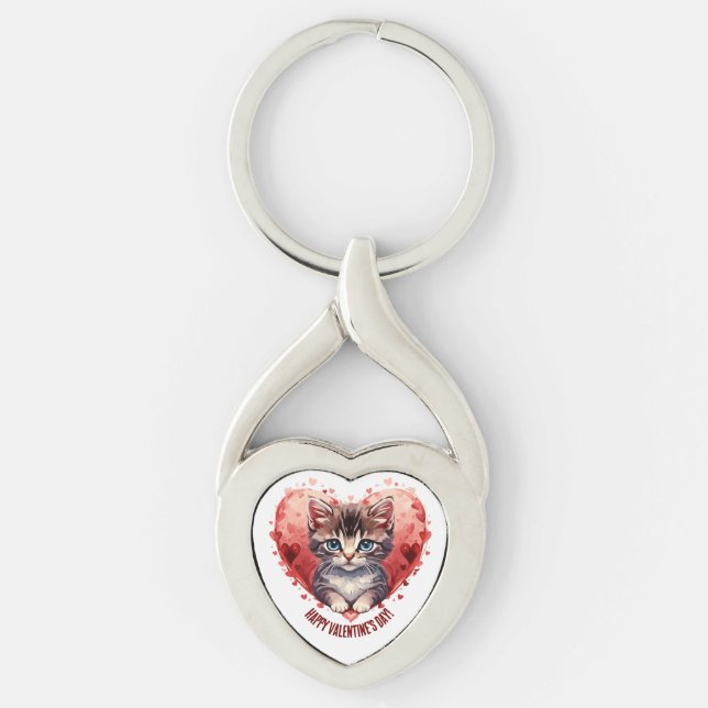 Happy Valentine's Day Little Kitten with Heart Key Ring (Front)