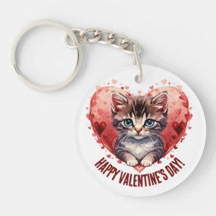 Happy Valentine's Day Little Kitten with Heart Key Ring