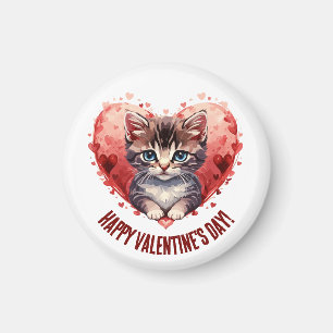 Happy Valentine's Day Little Kitten witn Heart Magnet