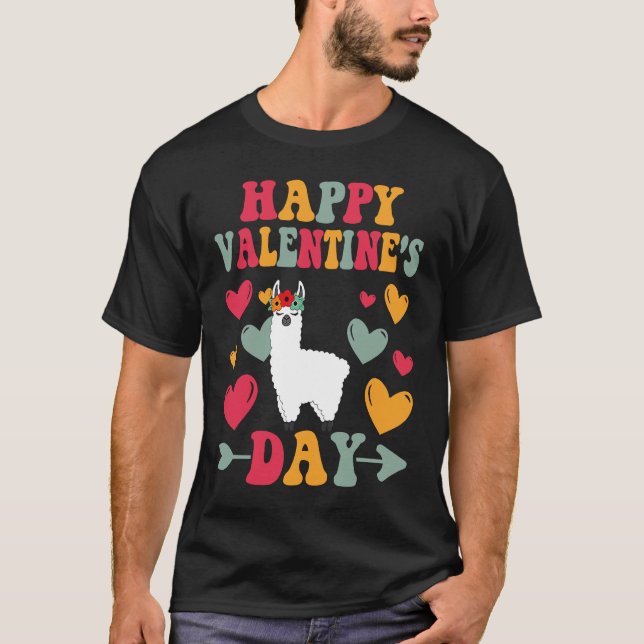 Happy Valentines Day Llama Heart Love Groovy T-Shirt (Front)