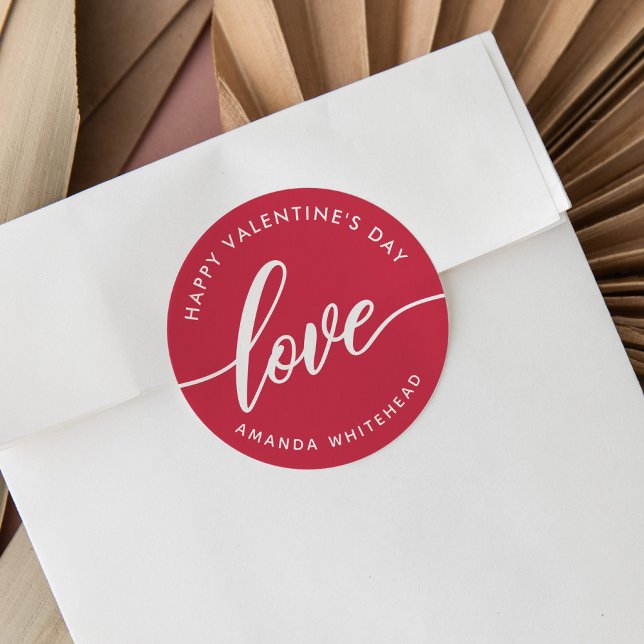 Happy Valentine's Day Love Hand-Lettering Red Classic Round Sticker (Personalize Valentine's Day stickers for treats or a mailing with red and white love typography.)