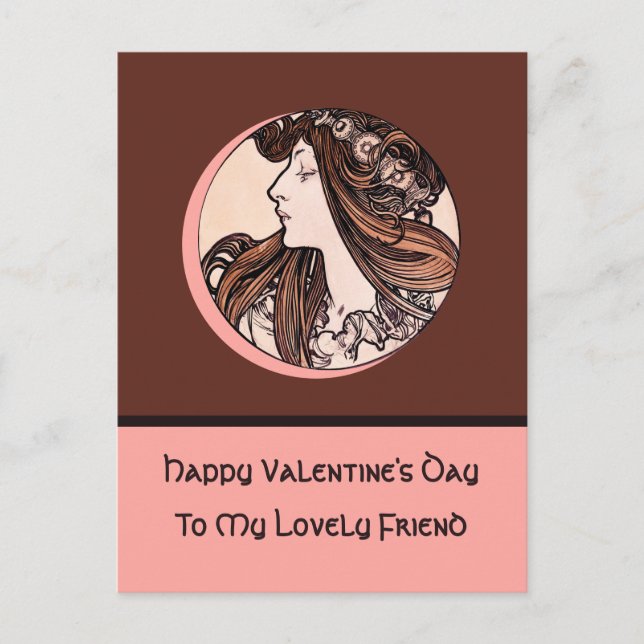 Happy Valentine's Day Lovely Friend Mucha Pink Holiday Postcard (Front)