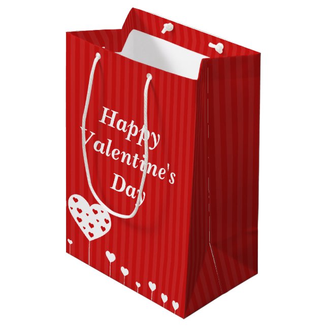 Happy Valentine's Day Lovely Red White Hearts Medium Gift Bag (Front Angled)