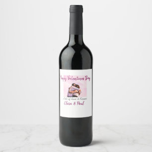 Happy Valentines day modern kisses love add name p Wine Label