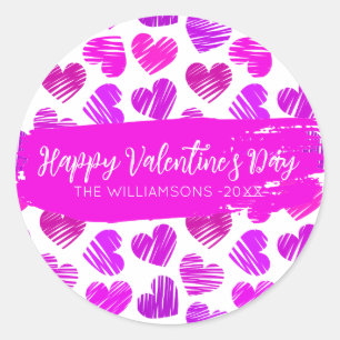 Happy Valentines Day Modern Purple Pink Heart Name Classic Round Sticker