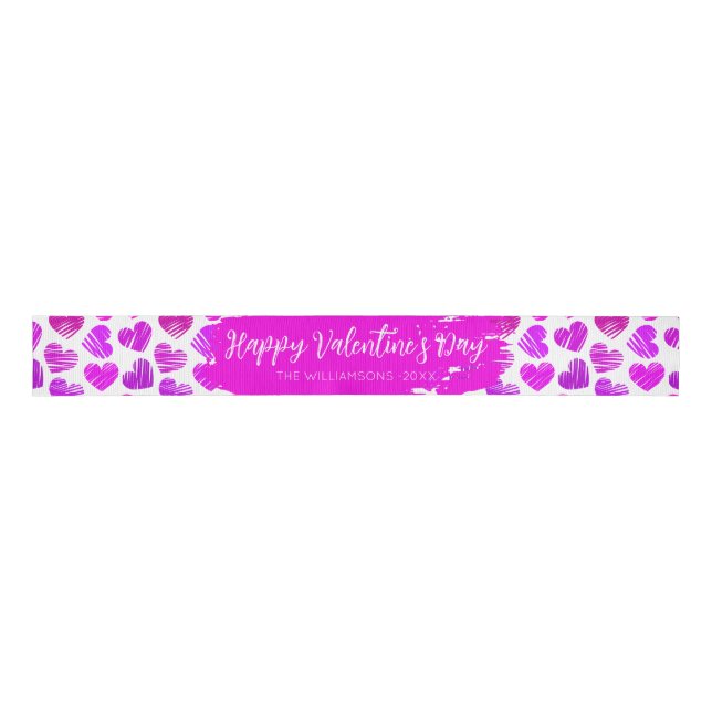 Happy Valentines Day Modern Purple Pink Heart Name Grosgrain Ribbon (Front)