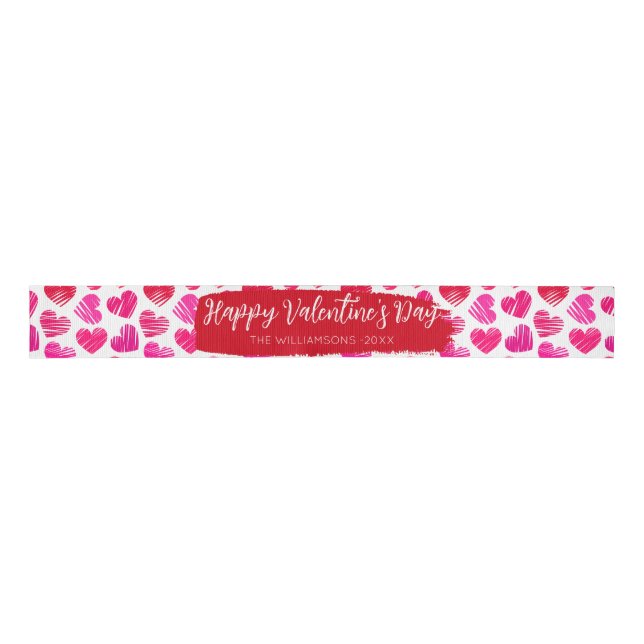 Happy Valentines Day Modern Red Pink Hearts Name Grosgrain Ribbon (Front)