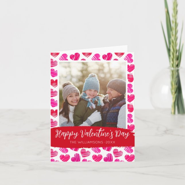 Happy Valentines Day Modern Red Pink Hearts Photo Holiday Card (Front)