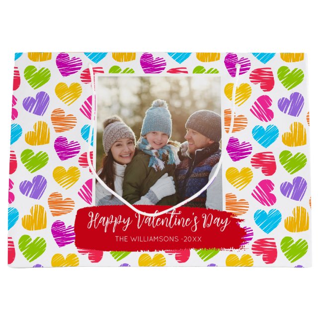 Happy Valentines Day Modern Vibrant Hearts Photo Large Gift Bag (Front)