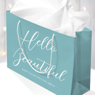 Happy Valentine's Day Name Brush Script Blue-Green Large Gift Bag