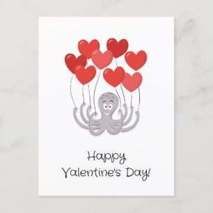 Happy Valentine's Day Octopus Red Heart Balloons Postcard