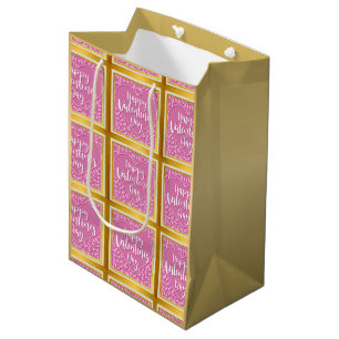 Happy Valentine's Day on Heart and Pink Flowers Medium Gift Bag