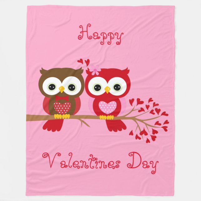 Happy Valentines Day Owls Fleece Blanket (Front)