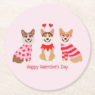 Happy Valentines Day Pembroke Welsh Corgi Dogs Round Paper Coaster