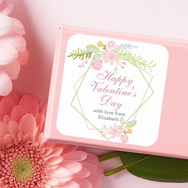 Happy Valentines Day Personalised Chic Pink Floral Square Sticker (Creator Uploaded)