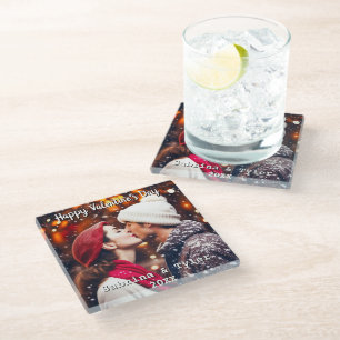 Happy Valentine's Day Personalised Photo & Names Glass Coaster