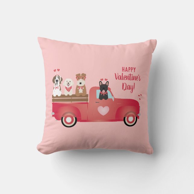 Happy Valentines Day Pickup Truck Love Dogs Cushion (Front)