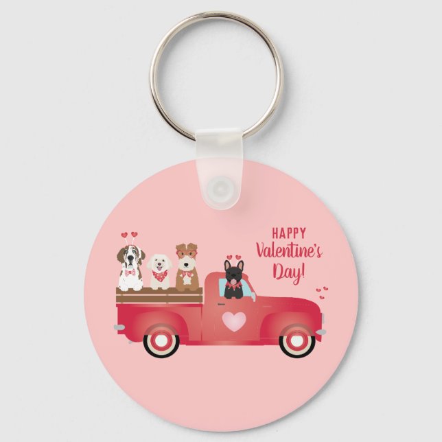 Happy Valentines Day Pickup Truck Love Dogs Key Ring (Front)