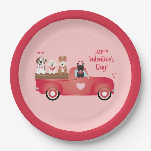 Happy Valentines Day Pickup Truck Love Dogs Paper Plate (Front)