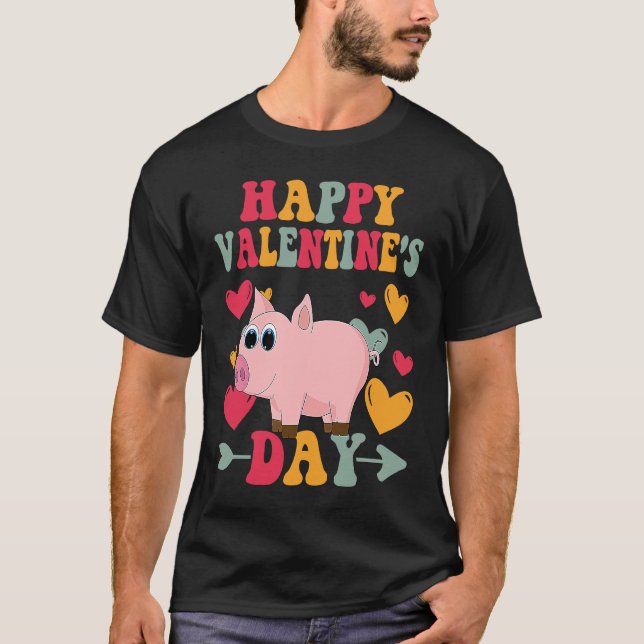 Happy Valentines Day Pig Heart Love Groovy T-Shirt (Front)
