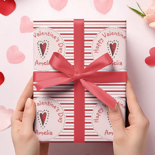 Happy Valentines Day Pink and Red Stripes Wrapping Paper