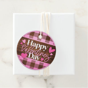 Happy Valentines Day Pink and Wood Plaid Favour Tags