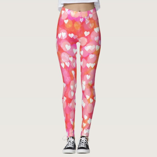 Happy Valentines Day Pink Colourful Hearts & Bokeh Leggings (Front)