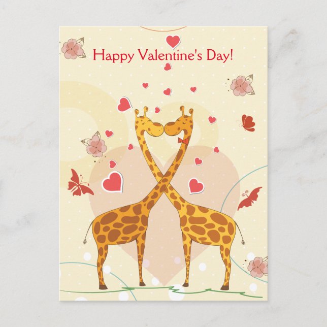 Happy Valentine's Day Pink Cute Giraffes Red Heart Holiday Postcard (Front)