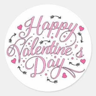 Happy Valentine's Day Pink Hearts Arrow Classic Round Sticker