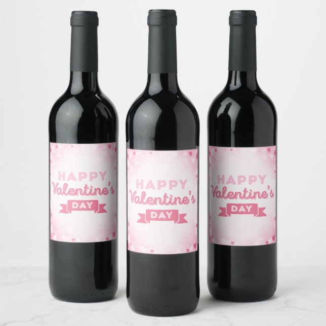 Happy Valentine's Day, Pink Hearts Wine Label Set (Bottles)