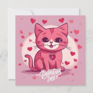 Happy Valentine's Day Pink Kitten with Hearts Holiday Card