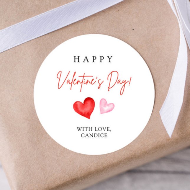 Happy Valentine's Day Pink & Red Hearts Classic Round Sticker (Creator Uploaded)