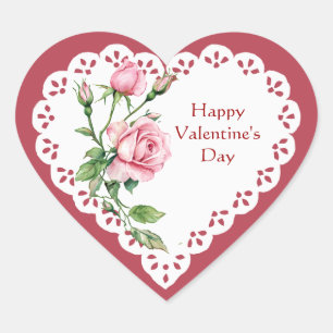 Happy Valentine's Day Pink Rose Garden Flower Heart Sticker